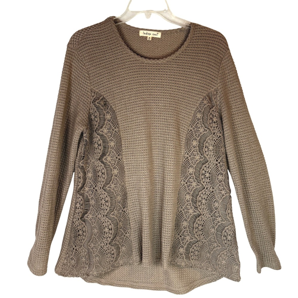 Indigo Soul Women's M Taupe Lace Inset Waffle Knit Tunic Sweater Boho